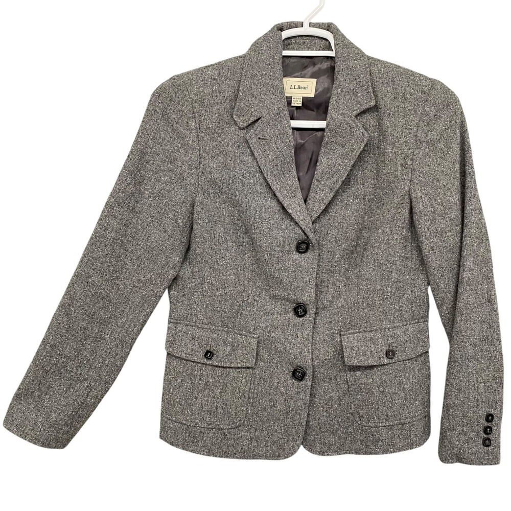LL Bean Tweed Blazer Jacket Women's Medium Gray Single Breasted Pockets Button M